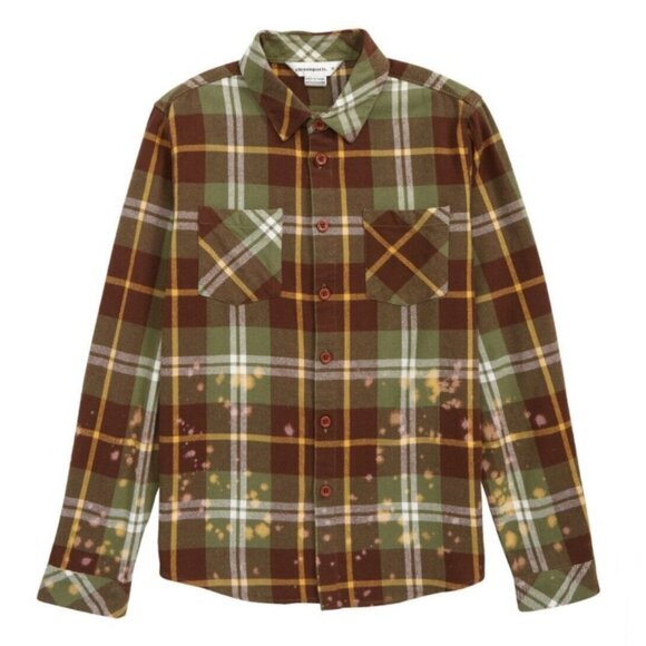 NEW Nordstrom Eleven Paris Plaid Flannel Shirt Bleach Splatter Brown Green Large - Picture 10 of 10